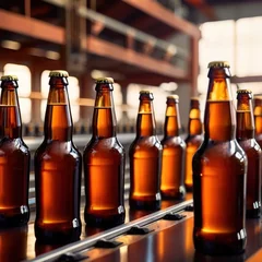 Fotobehang Assembly line bottling plant with glass beer bottles, alcoholic beverage manufacturing production © Kheng Guan Toh
