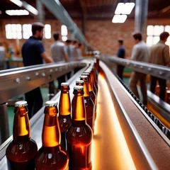 Fotobehang Assembly line bottling plant with glass beer bottles, alcoholic beverage manufacturing production © Kheng Guan Toh