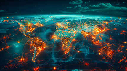 Obraz premium Global Connectivity: The Earth Illuminated by Networks, Symbolizing the Interconnectedness of Modern Life
