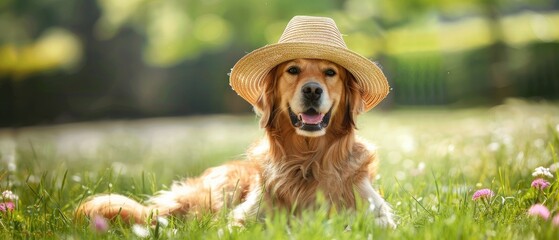 A cute dog sits on the grass wearing a straw hat on a summer day. Golden Retriever hiding from the heat under his hat - Powered by Adobe