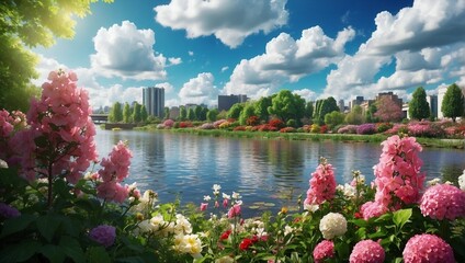 generate an 4k ultra HD anime style image of a beautiful flower garden situated at a bank of river ,far camera perspective ,highly detailed cloud visible ,high contrast image ,lake in the park