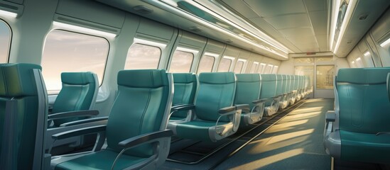 Fototapeta premium A view inside an empty train car with rows of blue seats and large windows. The car appears quiet and unoccupied, with no passengers in sight.