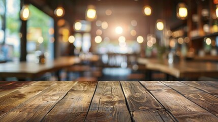 Wooden table top with copy space. Restaurant background