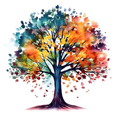 Hand painted illustration of colorful four season tree. Picture created with watercolors on paper. on white and transparent background