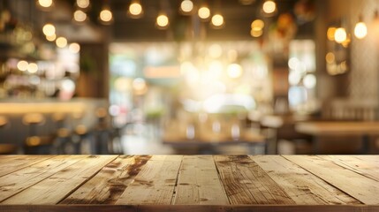 Wooden table top with copy space. Restaurant background - obrazy, fototapety, plakaty