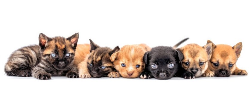 Group of kittens and puppies posing on a white background