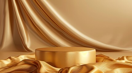 Cylinder podium covered with gold cloth on background. Premium empty fabric pedestal for product display - generative ai
