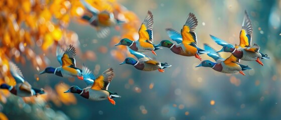 Side view of eurasian teal birds with colorful plumage flying together in flock against blurred background
