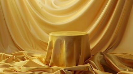 Cylinder podium covered with gold cloth on background. Premium empty fabric pedestal for product display - generative ai