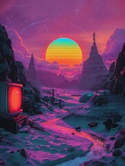 Incorporate TV static into a psychedelic and cyberpunk-inspired landscape. - obrazy, fototapety, plakaty