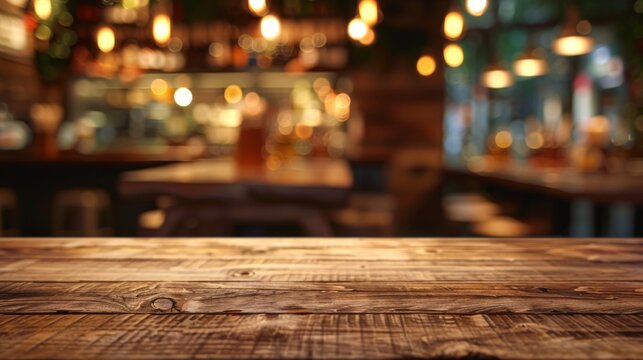 Wooden table top with copy space. Restaurant background
