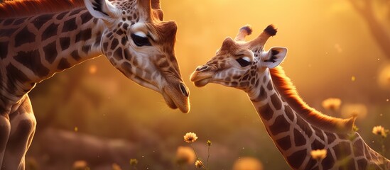 A pair of adult giraffes standing next to each other in a grassy savanna. The taller giraffe, presumably the parent, looks down towards the smaller giraffe, likely the child, in a tender moment of - obrazy, fototapety, plakaty