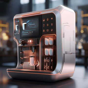 A futuristic coffee machine with a screen on the front