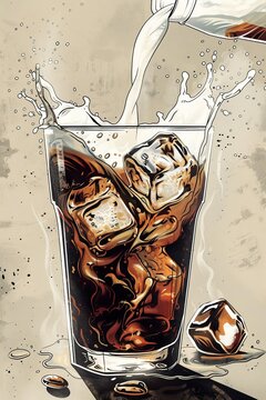 Illustrate the art of making iced coffee by gracefully pouring milk into a glass