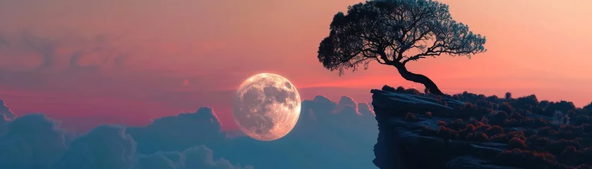 Foto op Plexiglas A captivating image of a tree silhouetted against the luminous full moon perched on the edge of a sheer cliff © BOMB8