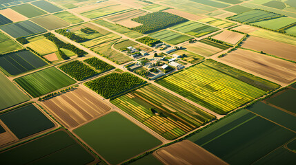Aerial top view of panorama seen from above plain, cultivated land divided into geometric shapes on spring background