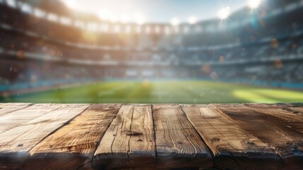 Wooden table top with copy space. Stadium background