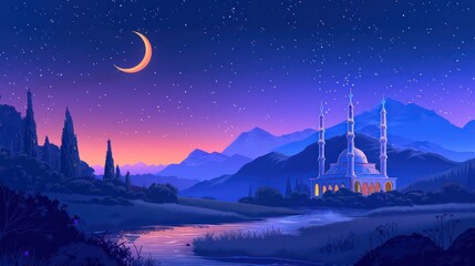 Naklejka premium a magnificent mosque with views of the river beside it and mountains and beautiful views. by the light of the full moon. Illustration AI generate