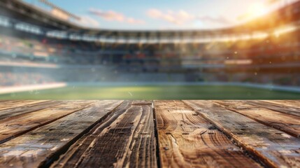 Wooden table top with copy space. Stadium background