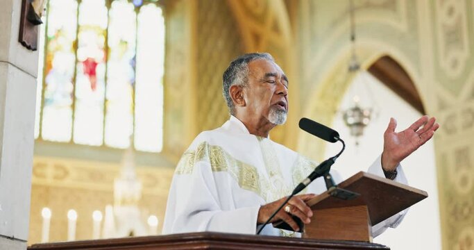 Man, priest and chapel sermon for religion ceremony for memorial prayer or worship respect, God or Christian. Male person, microphone and holy spirit in church for speech service, podium or preaching
