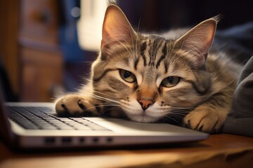 Cute tabby cat lying on the bed and working on laptop