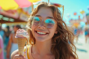 woman in amusement park enjoy with icecream