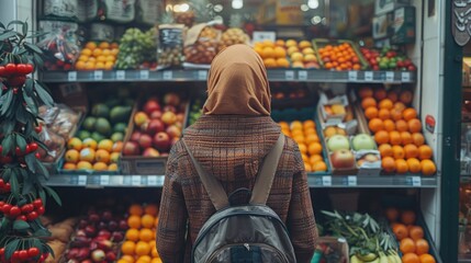 A Muslim woman, adorned in her traditional hijab, stands thoughtfully in a bustling market, surrounded by an abundance of fresh produce and local delicacies. Her eyes scan the vibrant stalls, assessin