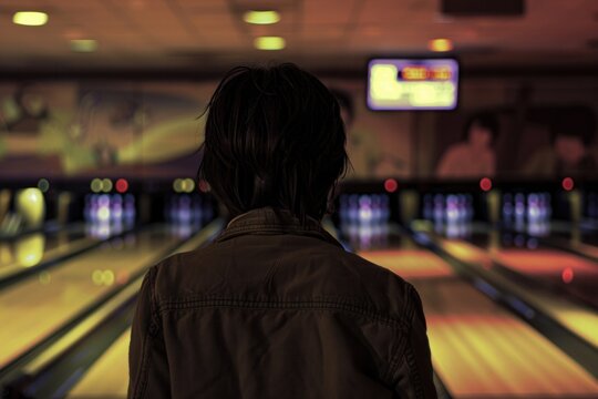 A bowler awaits their turn at an alley, gazing at the lit lanes and pins, immersed in the ambiance.