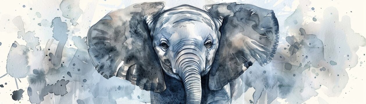 Baby elephant with expressive eyes in a minimalist watercolor style