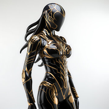 futuristic luxury cyborg Female robot, Artificial intelligence concept. black and gold, against isolated background.