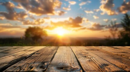 Wooden table top with copy space. Sunrise background