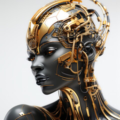 futuristic luxury cyborg Female robot face, Artificial intelligence concept. black and gold, against isolated background.