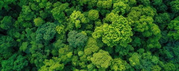 View from above of the forest with dense green trees - obrazy, fototapety, plakaty