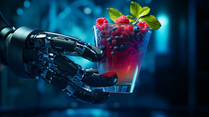 A robot is holding a glass of a drink with a garnish of berries - obrazy, fototapety, plakaty