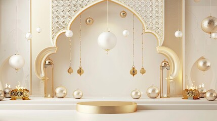 3D Islamic decoration, Iftar, Eid, lanterns, cannonballs, text space and podium with white gold style - generative ai