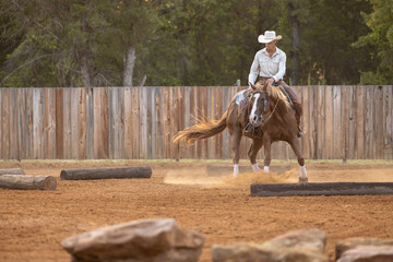 Cowboy Horse Trainer working with horse on spins and obstacles, 