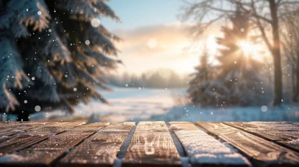 Photo sur Plexiglas Couleur saumon Wooden table top with copy space. Snowy landscape background