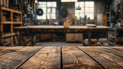 Wooden table top with copy space. Workshop background