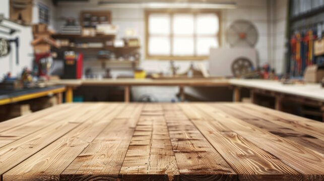 Wooden table top with copy space. Workshop background