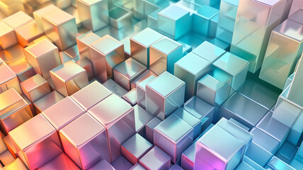 A 3D digital rendering of an array of reflective cubes with a smooth, metallic texture, displaying a spectrum of warm and cool colors.
