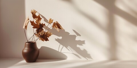 Warm sunlight casts the shadow of autumn leaves from a ceramic vase onto a white wall, creating a tranquil and cozy atmosphere.