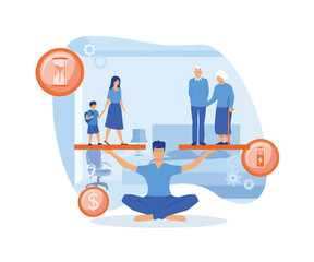 Teamwork and corporate leisure and yoga courses. good balance between idea, time and work. creative metaphor time is money. flat vector modern illustration