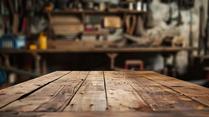 Wooden table top with copy space. Workshop background