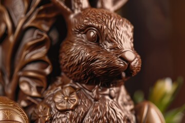An Exquisite Close-Up Shot of a Gourmet Chocolate Easter Bunny, Perfect for Sweetening Your Spring Celebrations