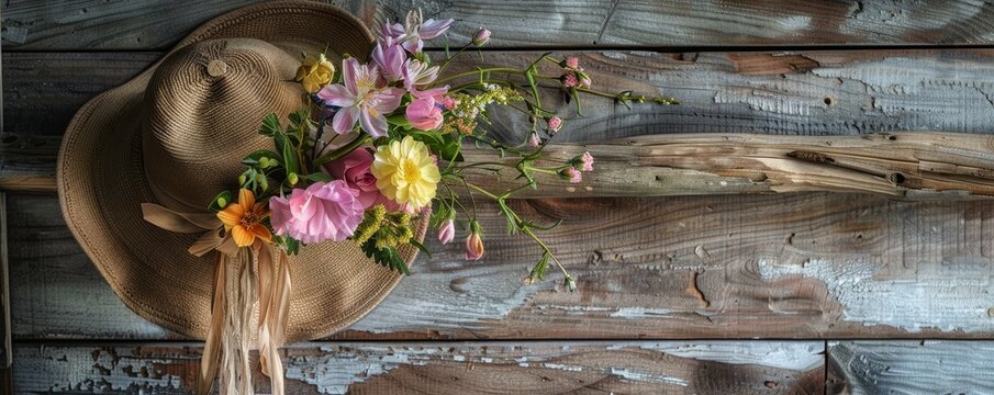 Charming Easter Bonnet with Colorful Ribbons and Blooms on a Vintage Wooden Peg