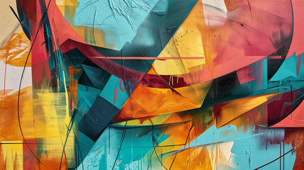 A colorful and dynamic abstract graffiti painting showcasing a variety of shapes and brush strokes.
