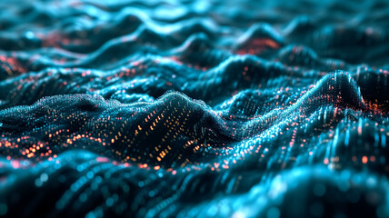 A mesmerizing digital landscape created by blue wave-like particles, simulating a dynamic and fluid data stream.
