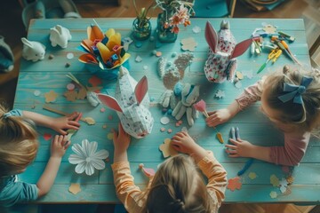 Crafting Joy: A Festive Easter Scene with Kids Engrossed in Making Bunny Paper Decorations