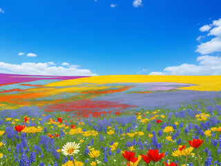 A vibrant field of blooming wildflowers under a clear blue sky.