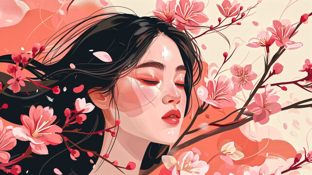 The image is a stylized portrait of a woman with flowing dark hair and closed eyes, surrounded by swirling cherry blossom branches and petals in shades of red, pink and coral, evoking a dreamy, spring